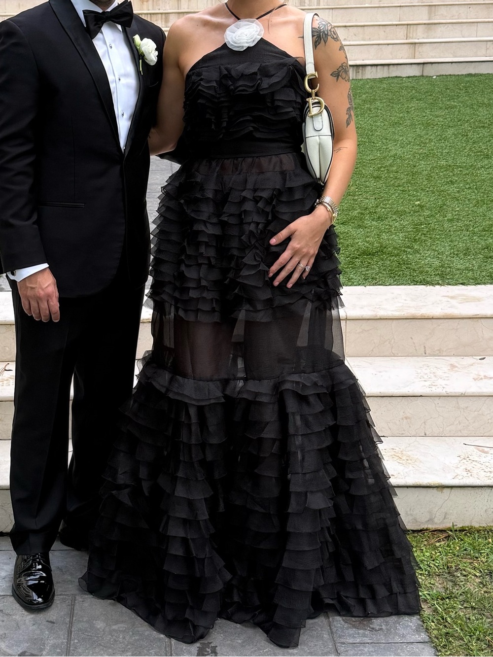 STAUD Black Strapless Ruffled Tiered Evening Gown. Florian black dress